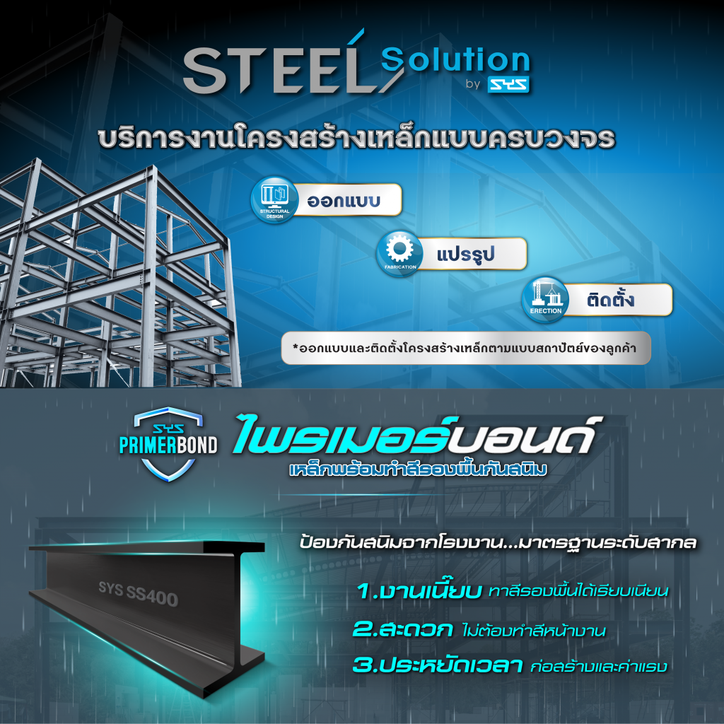 3.Steel Solution by SYS บริการงานโครงสร้างเหล็กแบบครบวงจร  อีกทางออกที่ตอบโจทย์ช่วงฝนตก โดยเฉพาะในเรื่องของเวลาและความสะดวก นั่นคือ บริการงานโครงสร้างเหล็กแบบครบวงจร Steel Solution by SYS ตั้งแต่ขั้นตอนการออกแบบโดยวิศวกรโครงสร้างของ SYS ที่ร่วมวางแผนชิ้นงานให้เหมาะสมกับการใช้งานจริง ไปจนถึงการแปรรูปชิ้นงานในโรงงานคุณภาพตามแบบ Shop Drawing ลดความจำเป็นในการตัด เชื่อม หรือประกอบเหล็กในสภาพแวดล้อมกลางแจ้งที่เสี่ยงต่อปัญหาความชื้นและความคลาดเคลื่อน และปิดท้ายด้วยบริการติดตั้งโดยทีมช่างผู้เชี่ยวชาญ ที่สามารถประกอบโครงสร้างได้รวดเร็วด้วยระบบขันน็อต (Bolt & Nut) ที่ควบคุมคุณภาพได้ในทุกขั้นตอน ช่วยให้งานก่อสร้างเดินหน้าได้แม้ในวันที่ฟ้าไม่เป็นใจ ตอบโจทย์ทั้งเจ้าของโครงการ ผู้รับเหมา และวิศวกร ที่ต้องการทางออกที่แม่นยำ ประหยัดเวลา และไว้วางใจได้ในทุกสภาพอากาศ  4.SYS PRIMERBOND (ไพรเมอร์บอนด์) เหล็กพร้อมทำสีรองพื้นกันสนิม  การทำงานป้องกันสนิมและทำสีเหล็กที่หน้างานในช่วงฝนตกมีข้อจำกัดมาก ทั้งเรื่องการแห้งตัวของสี ความชื้น และสภาพผิวเหล็ก “SYS PRIMERBOND” คือเหล็กโครงสร้างรูปพรรณรีดร้อนจาก SYS ที่ผ่านการเตรียมผิวและเคลือบสีรองพื้นกันสนิมมาจากโรงงาน ด้วย 3 ขั้นตอนมาตรฐาน ได้แก่ การตรวจสอบสภาพผิว ความชื้น และอุณหภูมิของเหล็กที่เหมาะสม จากนั้นทำความสะอาดผิวเหล็กด้วยวิธีการการพ่นขัด (Blast Cleaning) และการเคลือบสีรองพื้นกันสนิมด้วยวิธีการพ่นสี โดวยควบคุมความหนาของสีและระยะเวลาแห้งตัวในรอบการพ่น ทำให้ได้สีที่เรียบเนียน และสม่ำเสมอ สามารถนำไปใช้งานได้ทันที จึงเป็นตัวเลือกที่ลดเวลา เพิ่มคุณภาพ และเพิ่มความคงทนของเหล็กในระยะยาวอีกด้วย